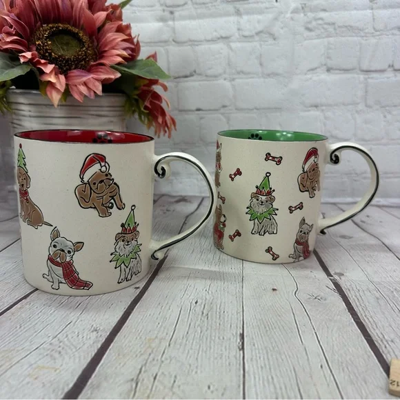 NWT ELI + ANA crimson holiday 21oz mug set Festive Dog-Themed hand painted - Picture 1 of 8
